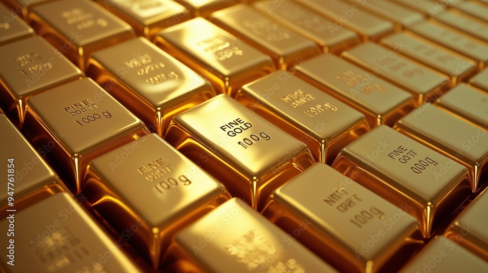 Gold bars are stacked carefully on a sturdy table Gold bars are stacked carefully on a sturdy table