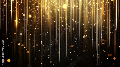 Radiant vertical gold lines on a deep black background, with glowing light effects and sparkling highlights, perfect for elegant designs with copy space.