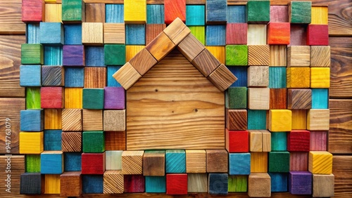 Colorful mosaic spectrum symphony of wooden block housewalls building dreams in a qubic bliss, qubic, block, housewall photo