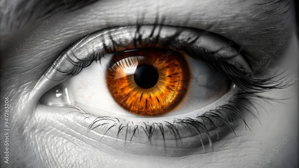 Fototapeta premium Beautiful brown eye wide open , eye, brown, beautiful, close-up, detail, eyelashes, iris, pupil, vision, sight, focus, macro