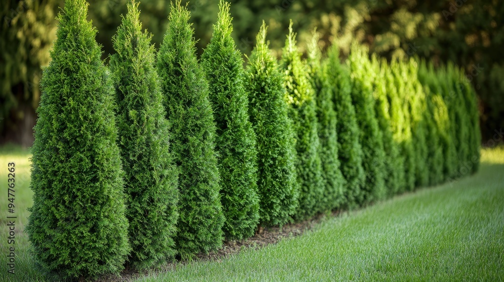 Row of thuja trees forming a green hedge, perfect for garden borders and outdoor decor. Dense, vibrant greenery in a natural setting. Row of thuja trees forming a green hedge, perfect for garden borders and outdoor decor. Dense, vibrant greenery in a natural setting.