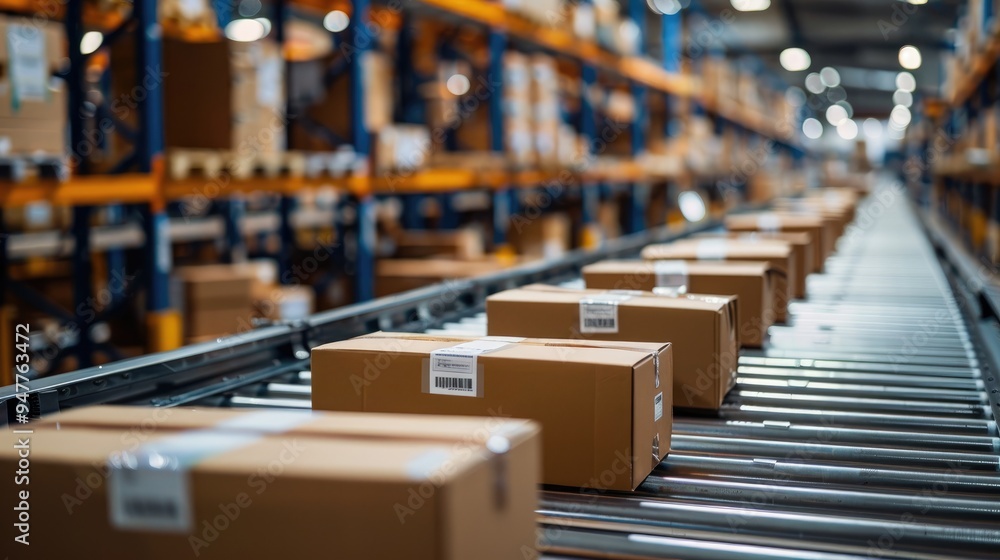 Modern warehouse with conveyor belt transporting cardboard boxes, depicting efficient logistics and supply chain management. Modern warehouse with conveyor belt transporting cardboard boxes, depicting efficient logistics and supply chain management.