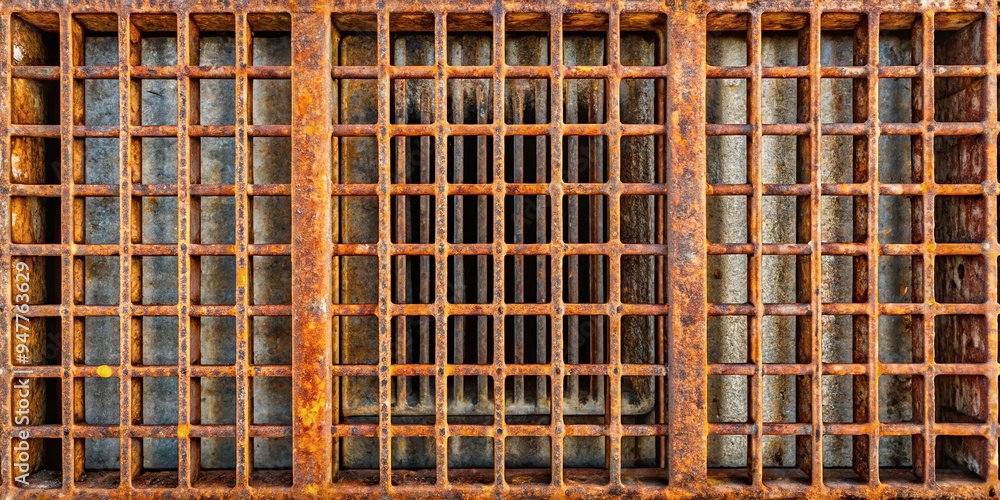 Rusty metal grate with grid pattern showing corrosion and oxidation, evoking industrial distressed aesthetic Rusty metal grate with grid pattern showing corrosion and oxidation, evoking industrial distressed aesthetic