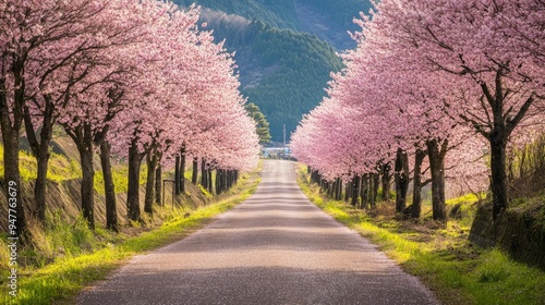 Serene perspective of a country lane lined with sakura trees in full bloom, with a carpet of petals underfoot, capturing the essence of spring in Joetsu City photo