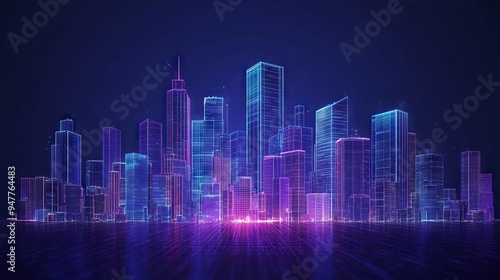 Abstract technology smart city panorama in futuristic digital polygonal style. Tech buildings cityscape on dark blue background. Night light city buildings. Low poly wireframe 3D vector illustration.