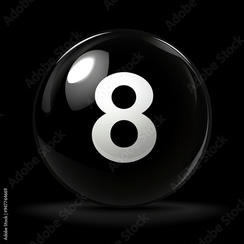 Vector illustration of a black pool ball with the number eight in a black background. photo