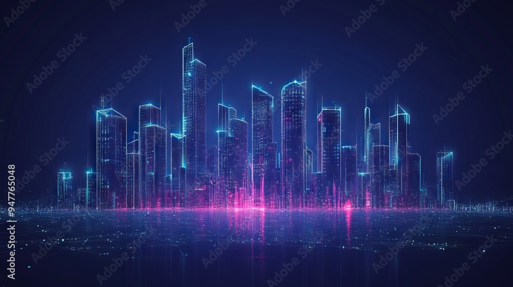 Abstract technology smart city panorama in futuristic digital polygonal style. Tech buildings cityscape on dark blue background. Night light city buildings. Low poly wireframe 3D vector illustration. Abstract technology smart city panorama in futuristic digital polygonal style. Tech buildings cityscape on dark blue background. Night light city buildings. Low poly wireframe 3D vector illustration.