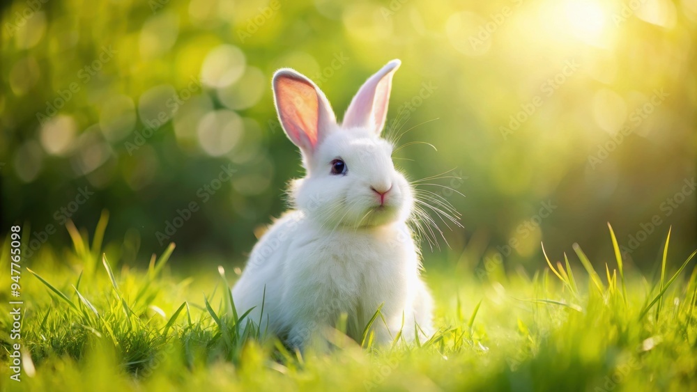 Fluffy white rabbit sitting in a lush green meadow, fluffy, white, rabbit, bunny, animal, pet, cute, adorable, domestic, furry Fluffy white rabbit sitting in a lush green meadow, fluffy, white, rabbit, bunny, animal, pet, cute, adorable, domestic, furry