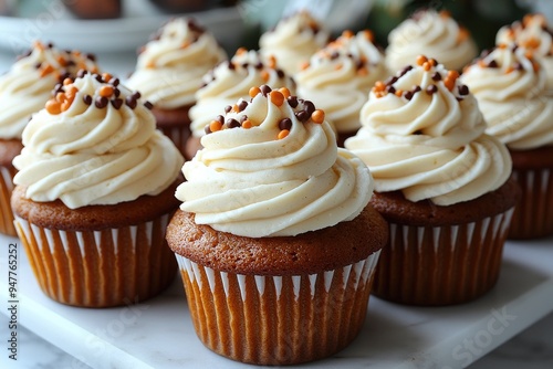 Close-up shot of pumpkin spice cupcakes. Perfect for showcasing fall baking recipes, seasonal treats, and sweet food photography.