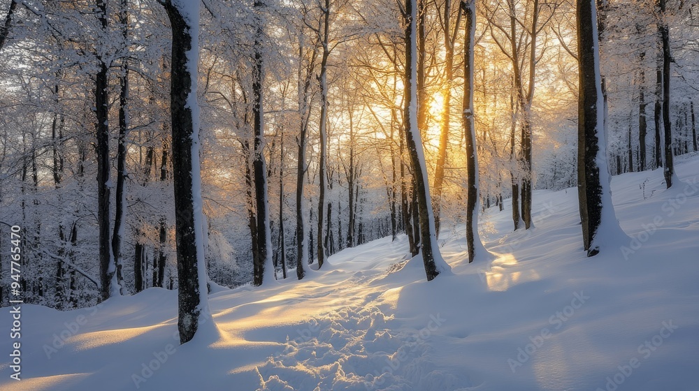 Snow-laden trees in a Bieszczady mountain forest, glowing under the golden light of a winter sunset. Snow-laden trees in a Bieszczady mountain forest, glowing under the golden light of a winter sunset.