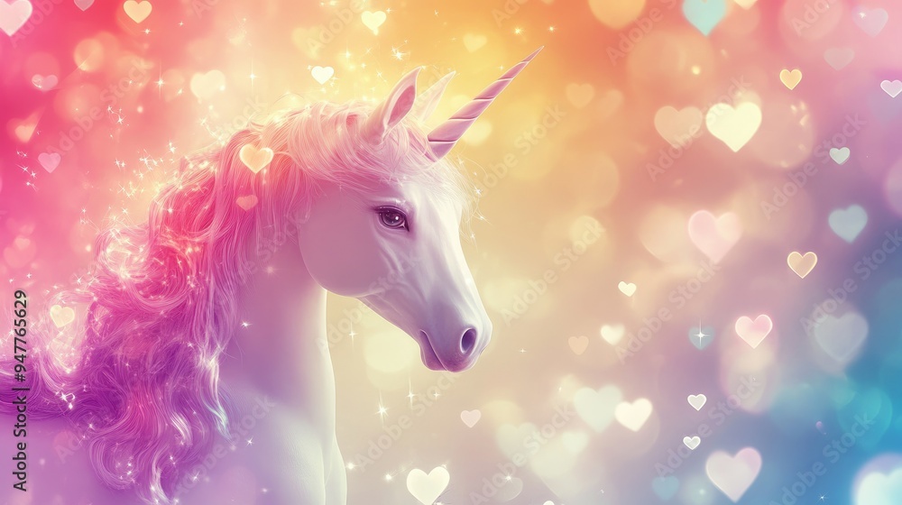Fototapeta premium Soft and sweet unicorn background with pastel hearts, bokeh lights, and stars, creating a whimsical design.