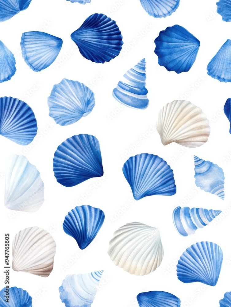 Boho blue shells featuring a beach-inspired pattern. The seamless pattern showcases intricate and artistic blue shells set against a clean white background Boho blue shells featuring a beach-inspired pattern. The seamless pattern showcases intricate and artistic blue shells set against a clean white background