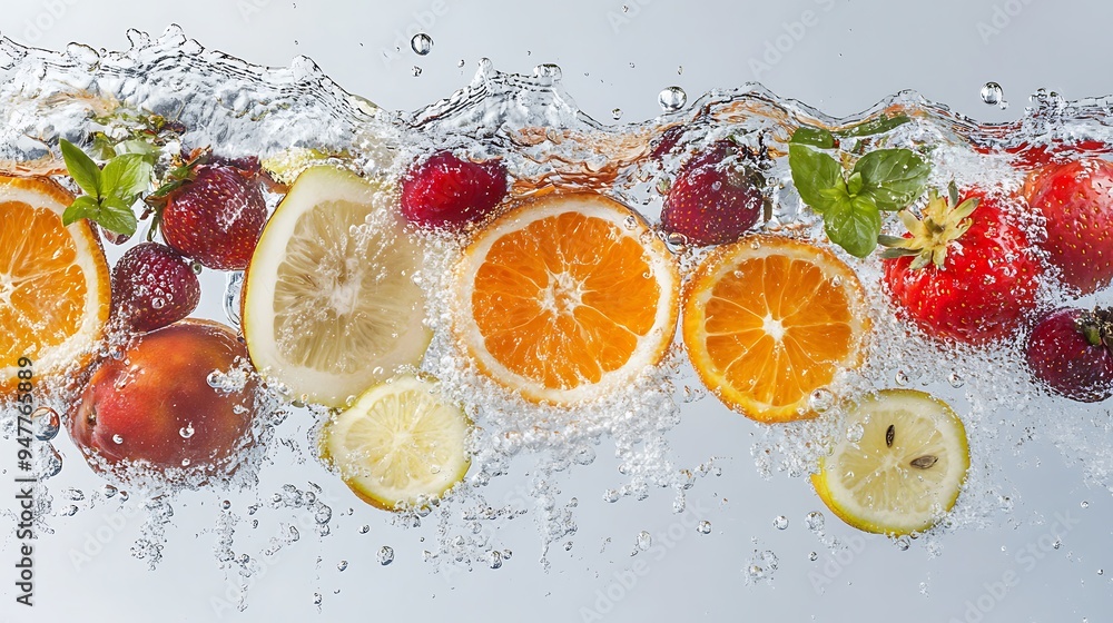 Fresh Fruit Slices Splashing in Water with Bubbles Fresh Fruit Slices Splashing in Water with Bubbles