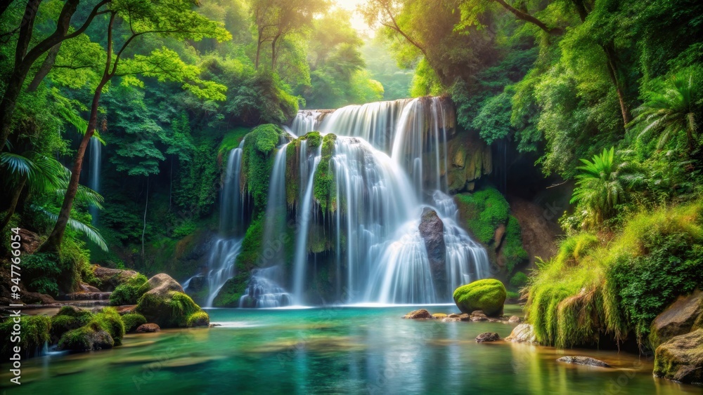 Fototapeta premium A stunning waterfall nestled in the lush forest setting, waterfall, forest, nature, scenery, tranquil, serene, cascade, trees
