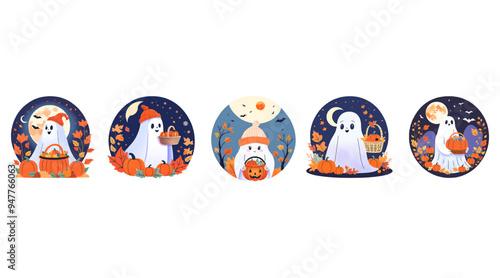 Halloween ghosts and pumpkins set.