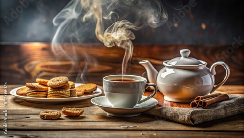 A cozy tea time setting with a steaming cup of tea, a teapot, and biscuits on a table , tea, tea time, cozy, relaxing, afternoon