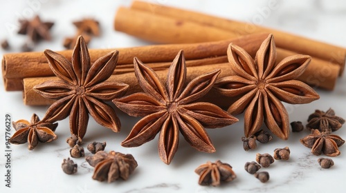 Star anise and cinnamon sticks. This image is perfect for illustrating the spices used in baking and cooking.