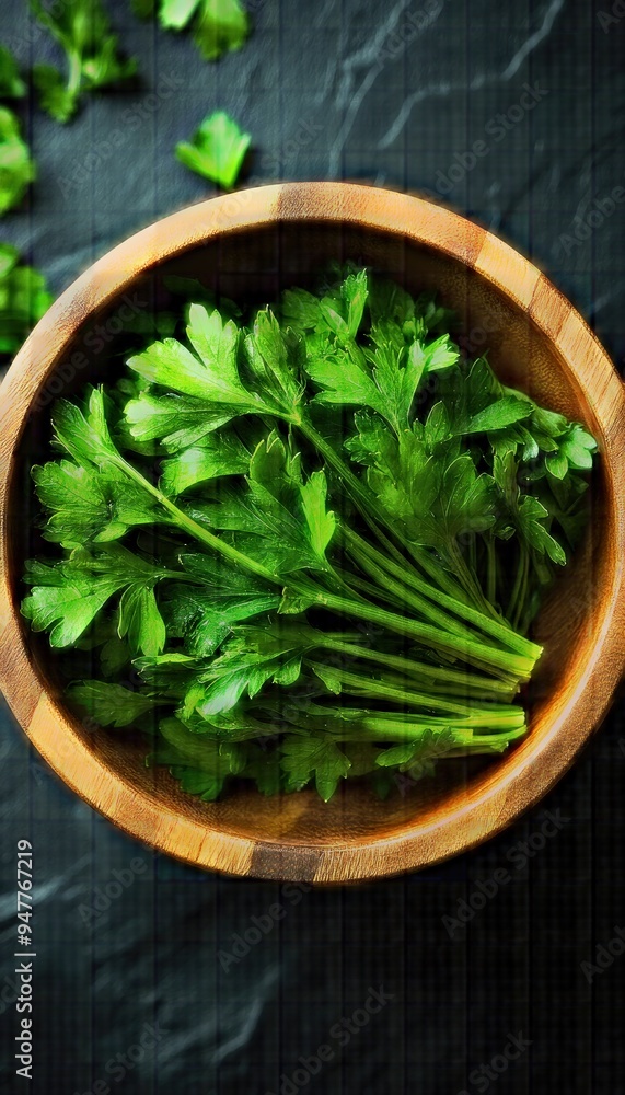 Fresh parsley in a wooden bowl. Perfect for illustrating recipes, food blogs, or healthy eating articles. Fresh parsley in a wooden bowl. Perfect for illustrating recipes, food blogs, or healthy eating articles.
