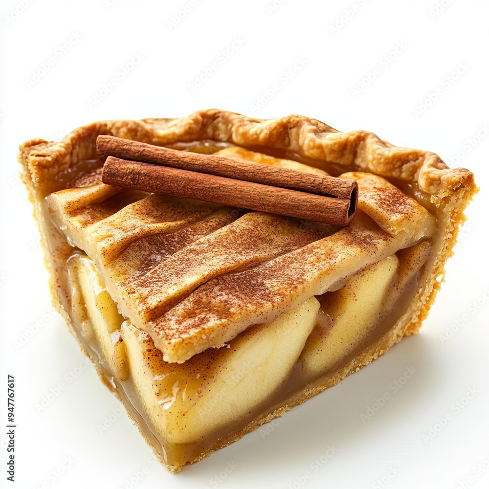 Apple pie slice, cinnamon sticks, golden crust, isolated on white background, warm and cozy tones Apple pie slice, cinnamon sticks, golden crust, isolated on white background, warm and cozy tones