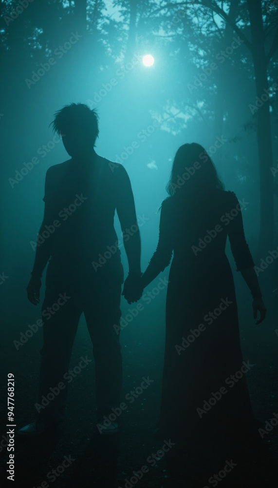 Creepy Halloween silhouette of a couple with spooky hazy background Creepy Halloween silhouette of a couple with spooky hazy background
