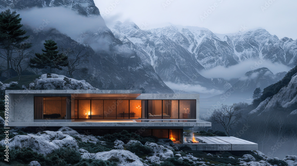 Modern concrete house overlooking a misty lake surrounded by rocky mountains at dawn Modern concrete house overlooking a misty lake surrounded by rocky mountains at dawn