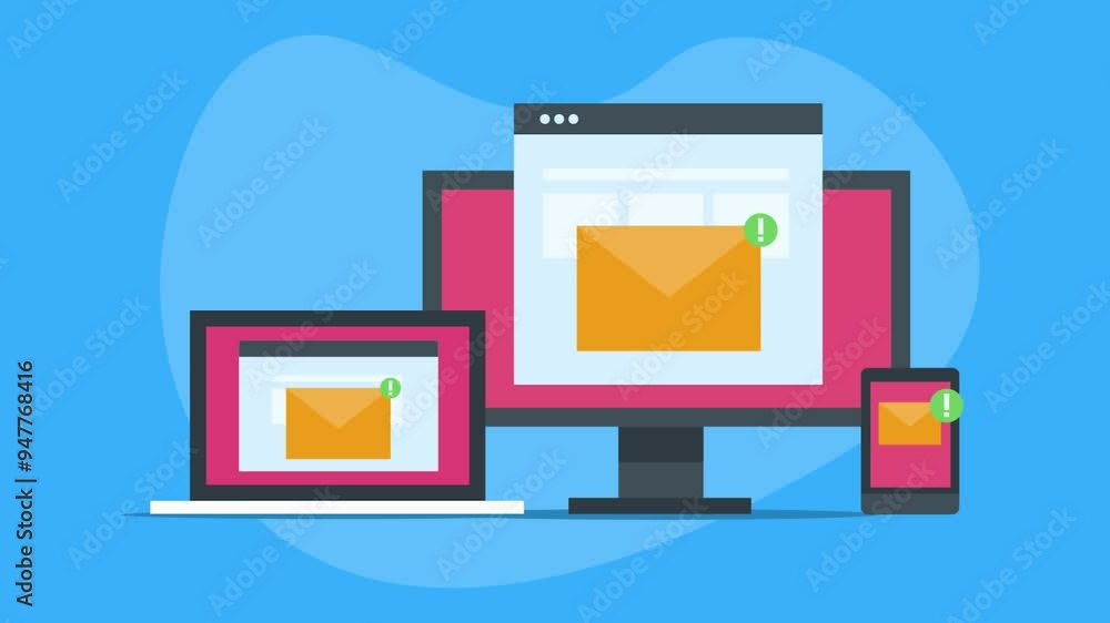 Email message notification on computer, laptop and smartphone screen. Business communication and intelligent marketing concept, video animation. Email message notification on computer, laptop and smartphone screen. Business communication and intelligent marketing concept, video animation.
