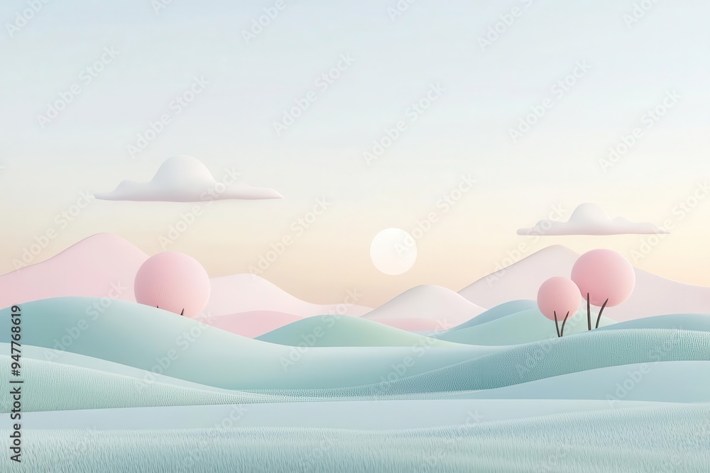 Pastel pink and blue landscape with trees and clouds Pastel pink and blue landscape with trees and clouds