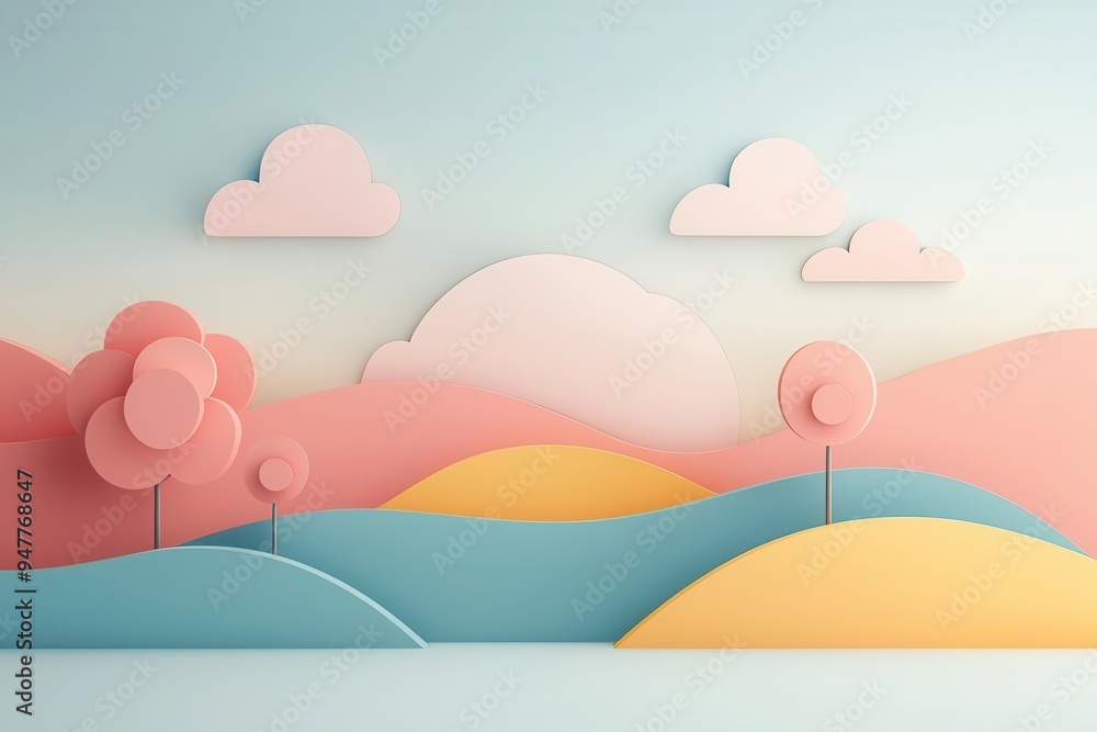 Abstract paper cut-out landscape with clouds, hills, and trees in pastel colors. Abstract paper cut-out landscape with clouds, hills, and trees in pastel colors.