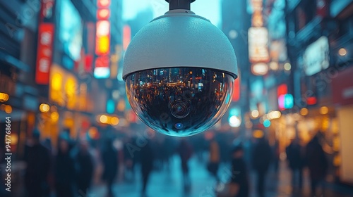 CCTV camera monitoring busy street activity at night in an urban area with colorful lights