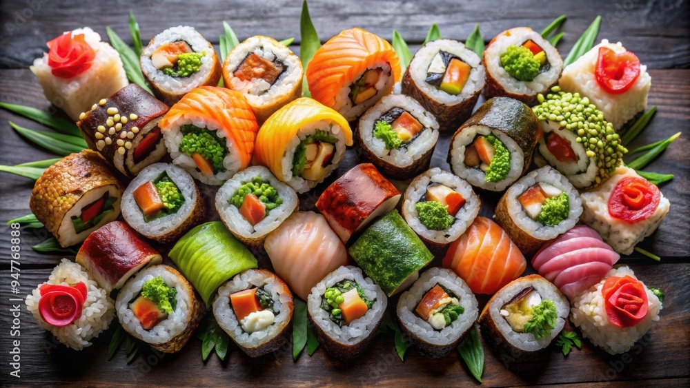 Sushi art showcasing beautifully arranged sushi rolls in a visually appealing manner, Japanese, cuisine Sushi art showcasing beautifully arranged sushi rolls in a visually appealing manner, Japanese, cuisine