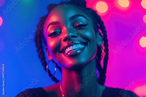 African american woman portrait business smile dancing party in neon light, color mixed light, bright coloring. with generative ai