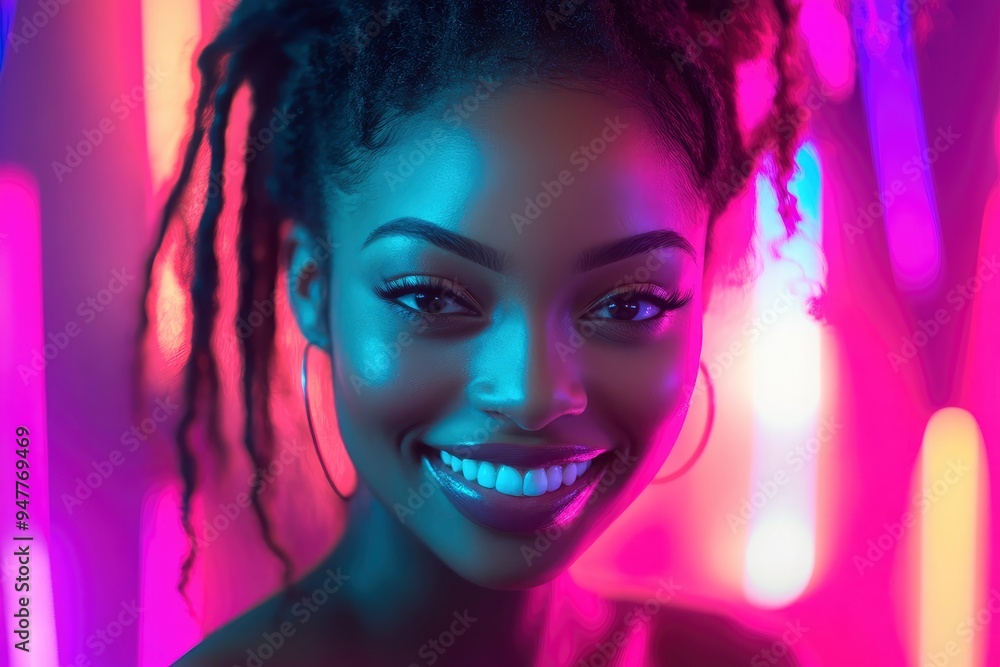African american woman portrait business smile dancing party in neon light, color mixed light, bright coloring. with generative ai