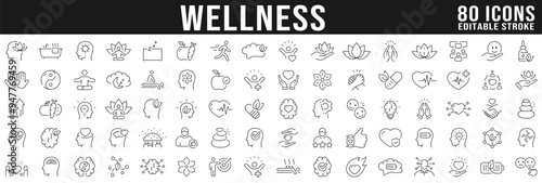 Wellness, wellbeing, mental health, healthcare. Big set of line icons. Editable stroke