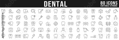 Dental icons big set. Tooth, protect, healthy, shiny smile etc. Editable stroke