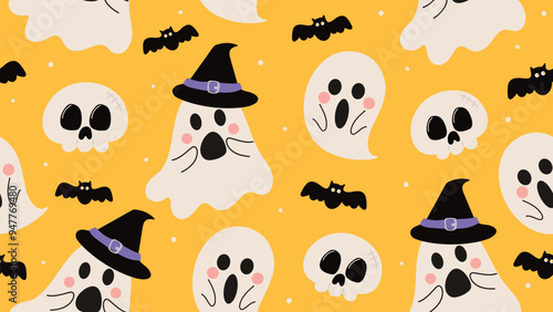 Cute happy halloween seamless pattern background vector. Colorful doodle design for wallpaper, kids fabric and print. Vector illustration.