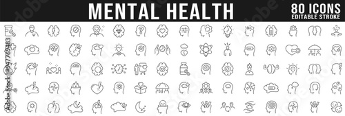 Mental health line icon big set. Anxiety, stress, psychology, brain etc. Editable stroke