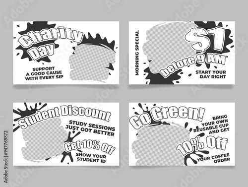 Promotional flyers for charity day, morning special, student discount, and eco-friendly coffee initiative at a local cafe