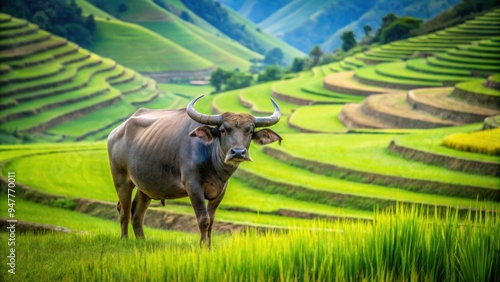 Water buffalo standing in a lush green rice field in Sa Pa, Vietnam , Water buffalo, rice field, Sa Pa, Vietnam photo