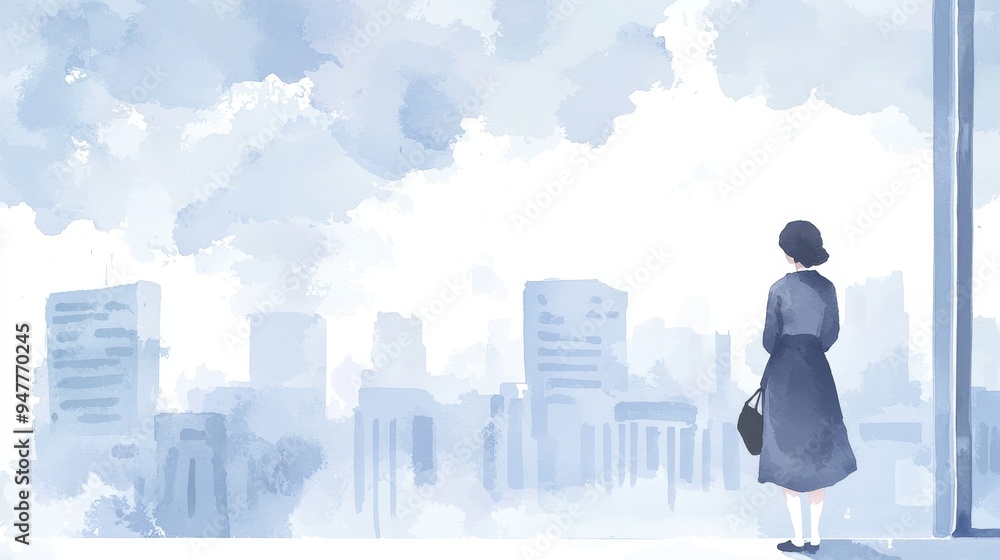 Professional woman, standing by window, cityscape background, watercolor style Professional woman, standing by window, cityscape background, watercolor style