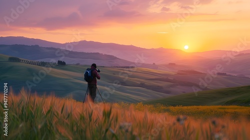 Photographer Capturing Breathtaking Sunrise Over Rolling Hills