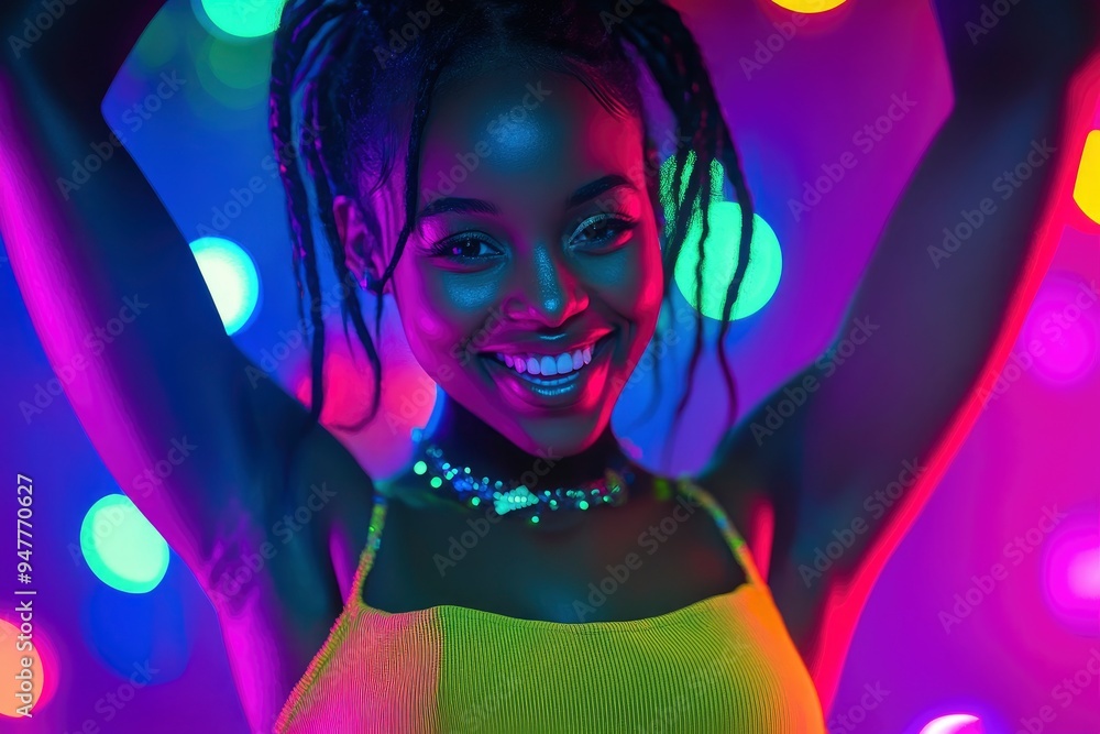 African american woman portrait business smile dancing party in neon light, color mixed light, bright coloring. with generative ai African american woman portrait business smile dancing party in neon light, color mixed light, bright coloring. with generative ai