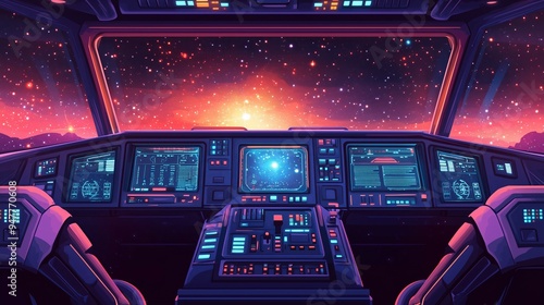 Fototapeta Naklejka Na Ścianę i Meble -  Pixel art retro game style spaceship cockpit cartoon with detailed dashboard and outer space view with stars and planets new stock image illustration AI