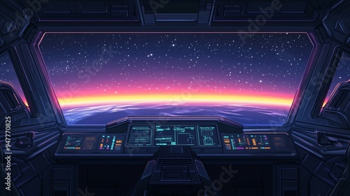 Fototapeta Naklejka Na Ścianę i Meble -  Pixel art retro game style spaceship cockpit cartoon with detailed dashboard and outer space view with stars and planets new stock image illustration AI