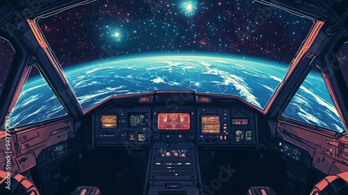 Fototapeta Naklejka Na Ścianę i Meble -  Pixel art retro game style spaceship cockpit cartoon with detailed dashboard and outer space view with stars and planets new stock image illustration AI