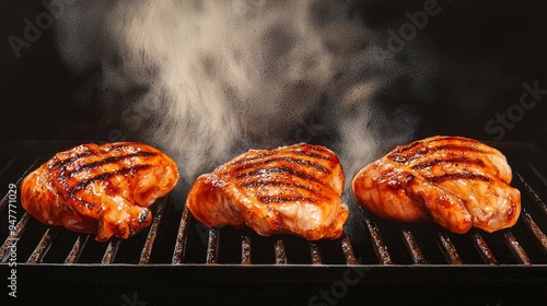 Watercolor of Close-up of chicken on grill, steam and grill marks visible, vibrant color, copy space photo