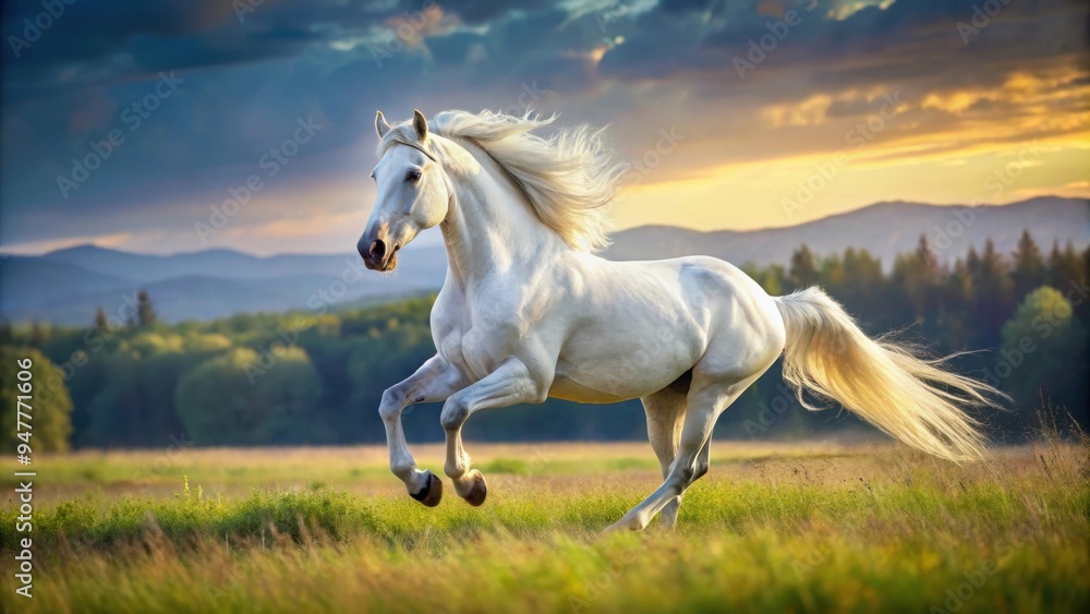 Majestic white horse running gracefully in a field , equine, grace, beauty, elegance, stallion, majestic, running, field, freedom Majestic white horse running gracefully in a field , equine, grace, beauty, elegance, stallion, majestic, running, field, freedom