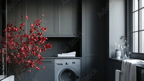 Gray-toned interior laundry room with a minimalist washing machine next to a closet and towels on the floor; indoor flower mostera photo