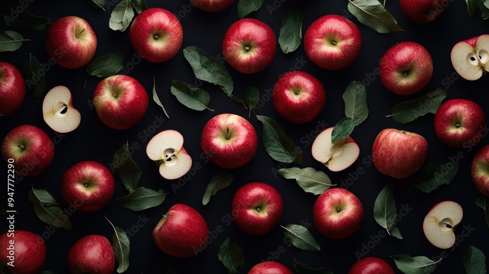 Red Apples with Green Leaves on a Black Background Red Apples with Green Leaves on a Black Background