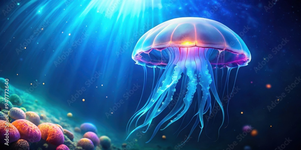 Naklejka premium Glowing jellyfish swimming gracefully underwater , bioluminescent, marine life, underwater world, ocean, sea creatures, ethereal