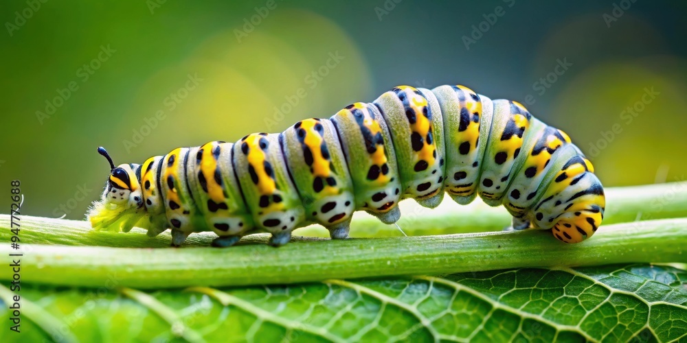 Macro image of a caterpillar munching on a green leaf, caterpillar, eating, leaf, nature, wildlife, insect, close-up Macro image of a caterpillar munching on a green leaf, caterpillar, eating, leaf, nature, wildlife, insect, close-up